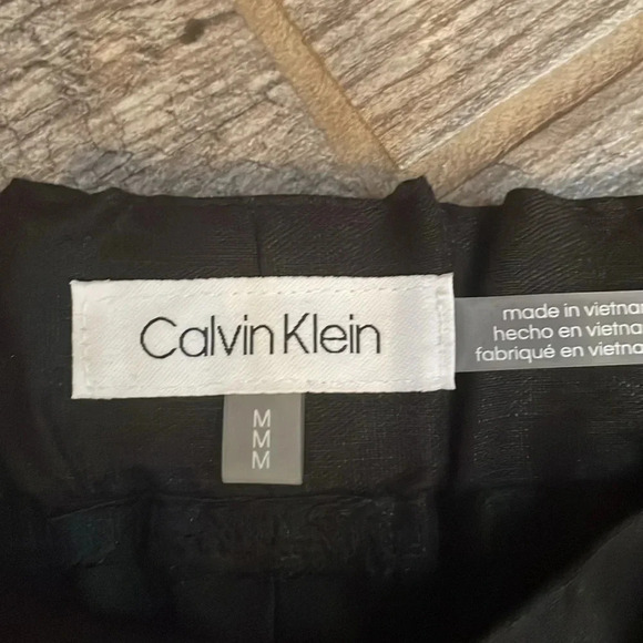 Calvin Klein Black Linen Blend Crop Wide leg Pants Size M Stretch waist Tie NWT - Picture 3 of 12